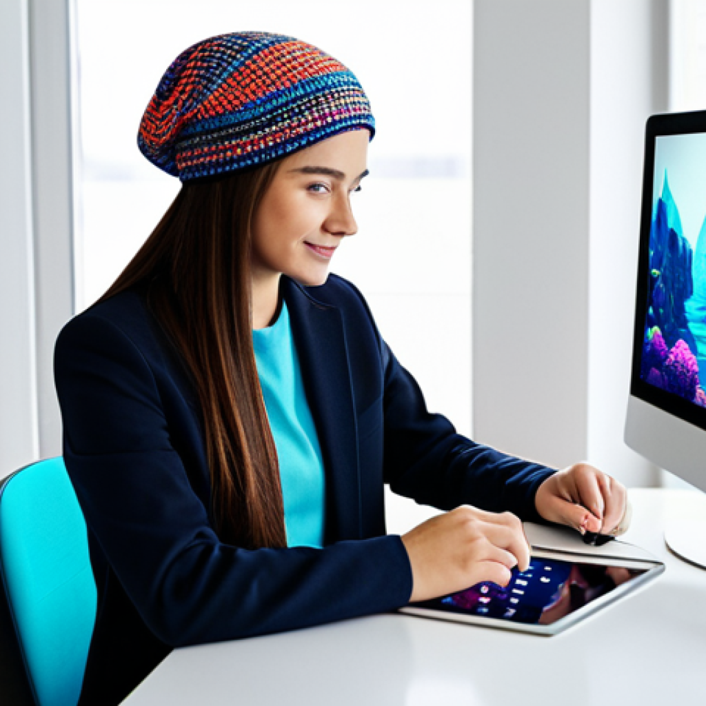 A young adult, fully clothed in modest, comfortable attire, seated at a desk, deeply focused on a tablet. The tablet screen displays a vibrant, blocky digital world, reminiscent of a virtual exploration game, where stylized avatar items like a unique hat, a cool shirt, and a distinctive accessory are subtly highlighted as if being discovered. The background is a clean, modern home office, softly blurred. perfect anatomy, correct proportions, natural pose, well-formed hands, proper finger count, natural body proportions, professional photography, high quality, safe for work, appropriate content, fully clothed, modest clothing, family-friendly.