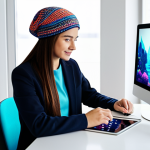 A young adult, fully clothed in modest, comfortable attire, seated at a desk, deeply focused on a tablet. The tablet screen displays a vibrant, blocky digital world, reminiscent of a virtual exploration game, where stylized avatar items like a unique hat, a cool shirt, and a distinctive accessory are subtly highlighted as if being discovered. The background is a clean, modern home office, softly blurred. perfect anatomy, correct proportions, natural pose, well-formed hands, proper finger count, natural body proportions, professional photography, high quality, safe for work, appropriate content, fully clothed, modest clothing, family-friendly.