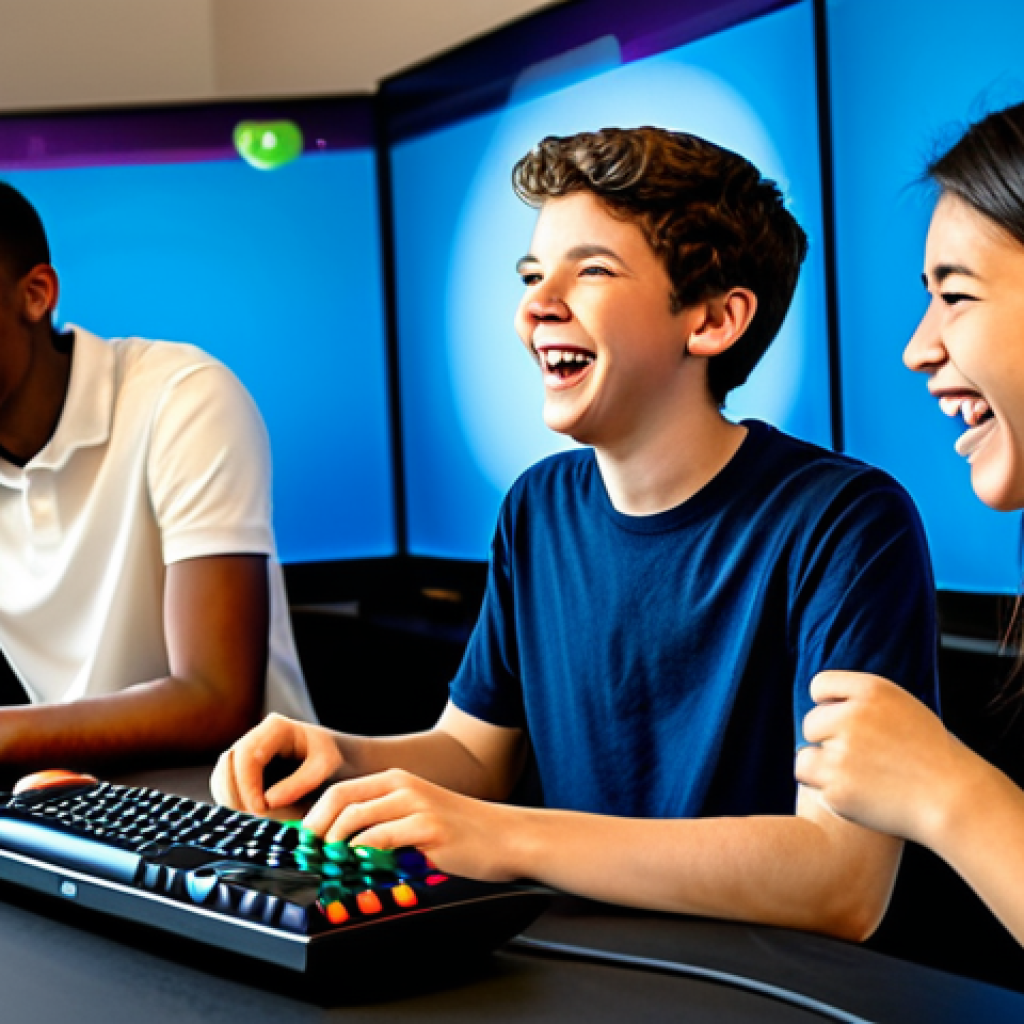 A diverse group of young adults and teenagers (fully clothed, modest clothing, appropriate attire, professional dress) engaging in a joyful, collaborative online gaming session. They are seen laughing and communicating actively, with various digital screens (abstracted game interfaces) suggesting a shared virtual world. Their expressions convey teamwork, camaraderie, and genuine connection. Set in a modern, well-lit, and comfortable home environment, with individual setups creating a sense of global connection despite physical distance. Vibrant, inviting, and dynamic lighting. Professional photography style, bright and optimistic. perfect anatomy, correct proportions, natural pose, well-formed hands, proper finger count, natural body proportions, high quality, highly detailed, sharp focus, safe for work, appropriate content, fully clothed, professional, family-friendly.