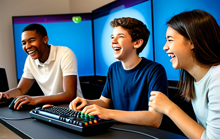 A diverse group of young adults and teenagers (fully clothed, modest clothing, appropriate attire, professional dress) engaging in a joyful, collaborative online gaming session. They are seen laughing and communicating actively, with various digital screens (abstracted game interfaces) suggesting a shared virtual world. Their expressions convey teamwork, camaraderie, and genuine connection. Set in a modern, well-lit, and comfortable home environment, with individual setups creating a sense of global connection despite physical distance. Vibrant, inviting, and dynamic lighting. Professional photography style, bright and optimistic. perfect anatomy, correct proportions, natural pose, well-formed hands, proper finger count, natural body proportions, high quality, highly detailed, sharp focus, safe for work, appropriate content, fully clothed, professional, family-friendly.