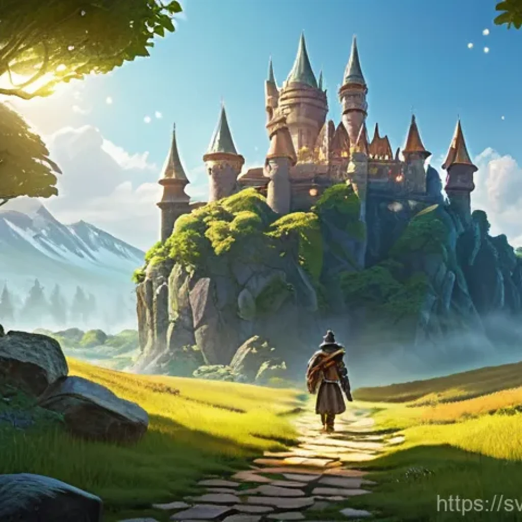 로블록스 월드 디자인 가이드 - **Prompt for "Engaging First Impression"**:
A vibrant and inviting fantasy game start zone. The ...