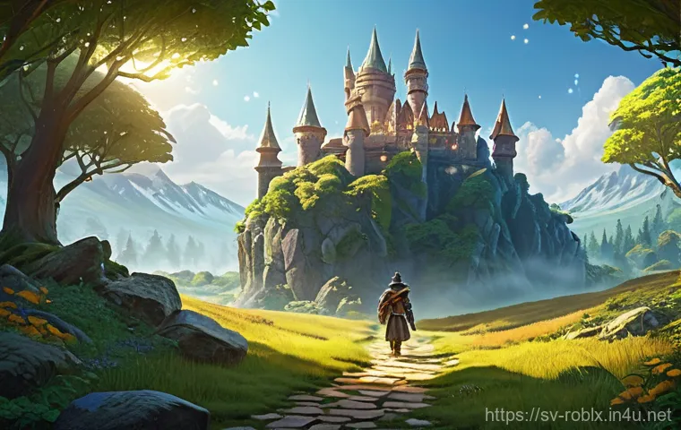 로블록스 월드 디자인 가이드 - **Prompt for "Engaging First Impression"**:
A vibrant and inviting fantasy game start zone. The ...
