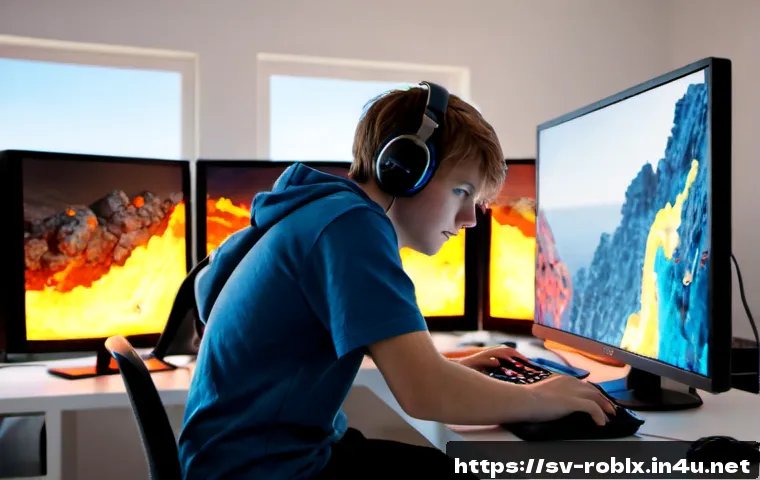Home 11 로블록스 스피드런 공략법 - Photorealistic Swedish teenage gamer at a clean Scandinavian desk, intensely navigating a colorful b...